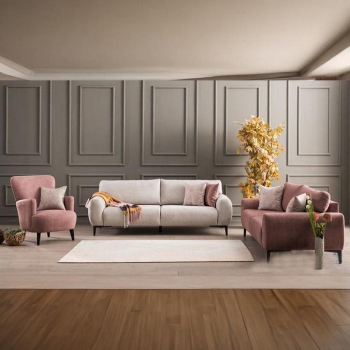 Red Beech Wood, Musky and Velvet Living Room 3 Pieces - White and Pink